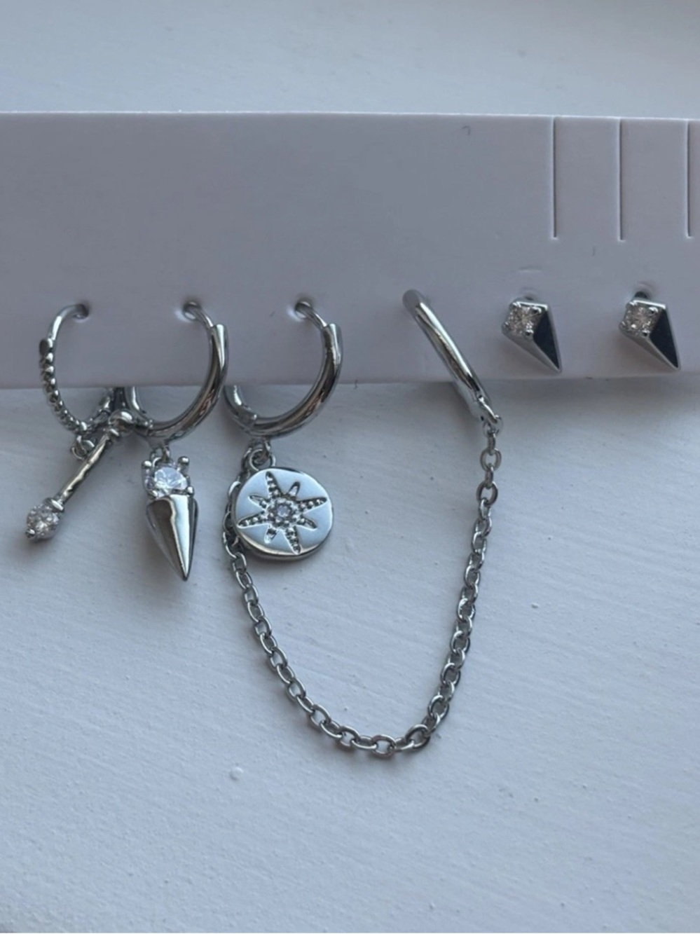 White Gold Plated Earring Set Hoop & Stud Stack Chain Dangle Star Spike Earrings